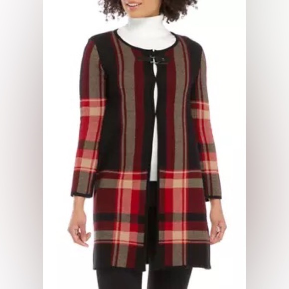 Anne Klein Plaid Cardigan Duster Women's Size XL Fire Red Buckle Detail NWT - Picture 1 of 12